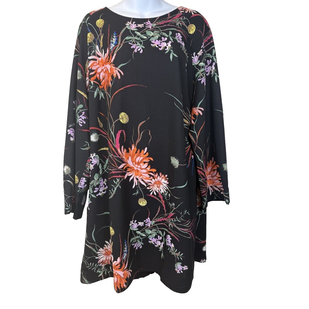 HM Floral Tunic Dress XL Black Orange Chrysanthemum Kimono Sleeve Oversized Mini